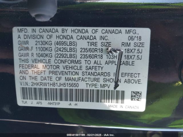 2HKRW1H81JH515650 Honda Cr-v Ex-l/ex-l Navi
