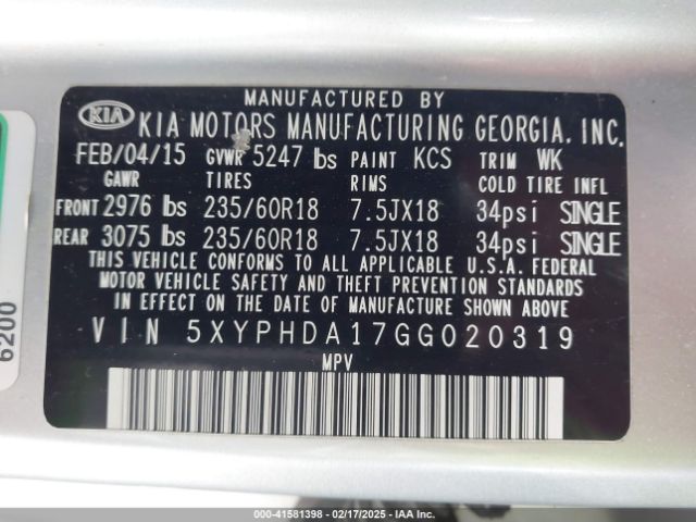 5XYPHDA17GG020319 KIA Sorento 2.0t Ex