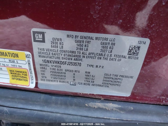 1GNKVHKD6FJ253570 Chevrolet Traverse 2lt