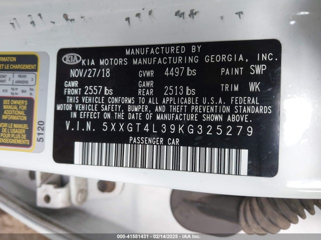 5XXGT4L39KG325279 KIA Optima Lx