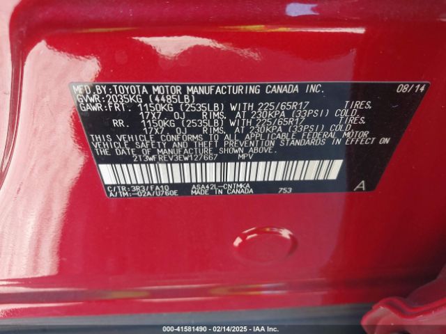 2T3WFREV3EW127667 Toyota Rav4 Xle