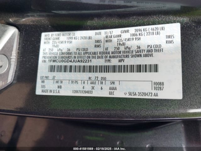 1FMCU0GD4JUA92231 Ford ESCAPE SE