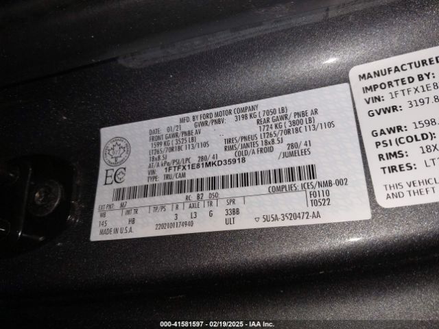 1FTFX1E81MKD35918 Ford F-150 Lariat