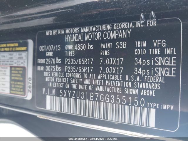 5XYZU3LB7GG355150 Hyundai Santa Fe Sport 2.4l