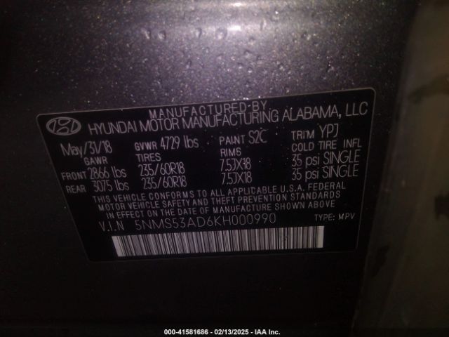 5NMS53AD6KH000990 Hyundai Santa Fe Limited