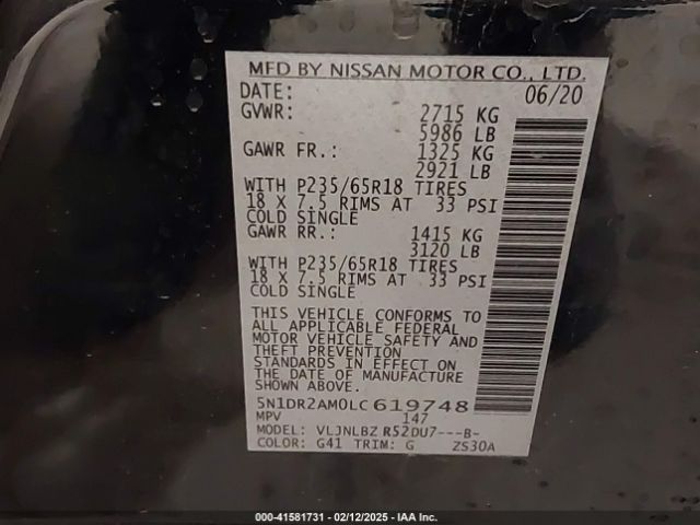 5N1DR2AM0LC619748 Nissan Pathfinder S 4wd