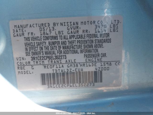 3N1CE2CP6EL352273 Nissan Versa Note Sv