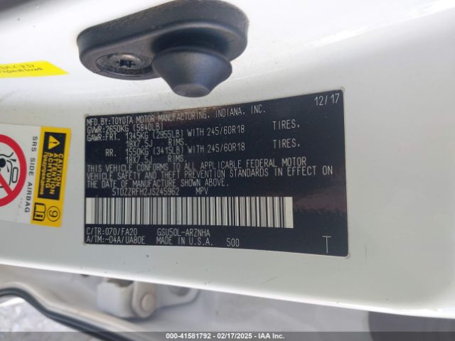 5TDZZRFH2JS245962 Toyota Highlander Le Plus