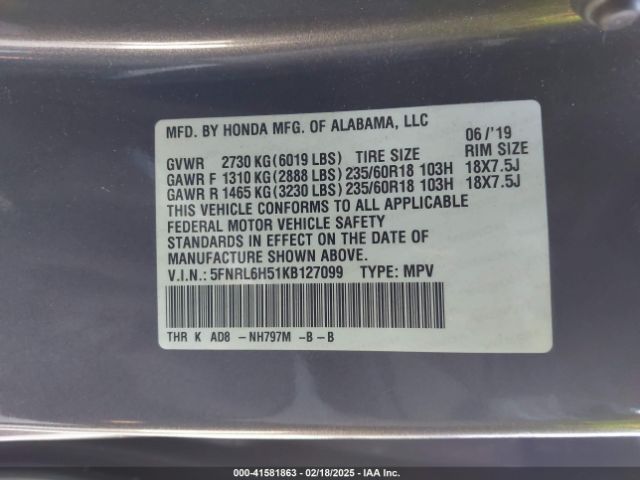 5FNRL6H51KB127099 Honda ODYSSEY EX