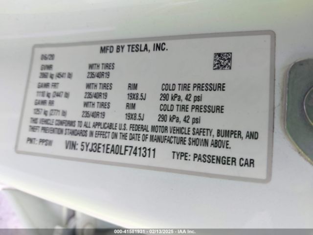 5YJ3E1EA0LF741311 Tesla Model 3 Standard Range Plus Rear-wheel Drive/standard Range Rear-wheel Drive