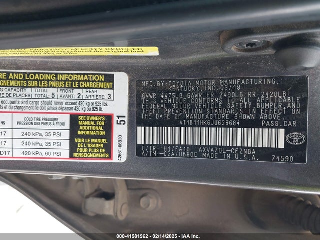 4T1B11HK6JU628684 Toyota CAMRY LE