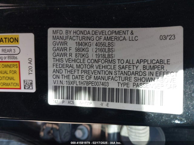 41581979 :رقم المزاد ، 19XFL1H78PE007403 vin ، 2023 Honda Civic Ex-l /ex-l W/o Bsi مزاد بيع