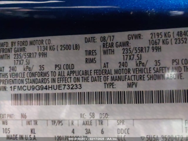 1FMCU9G94HUE73233 Ford ESCAPE SE