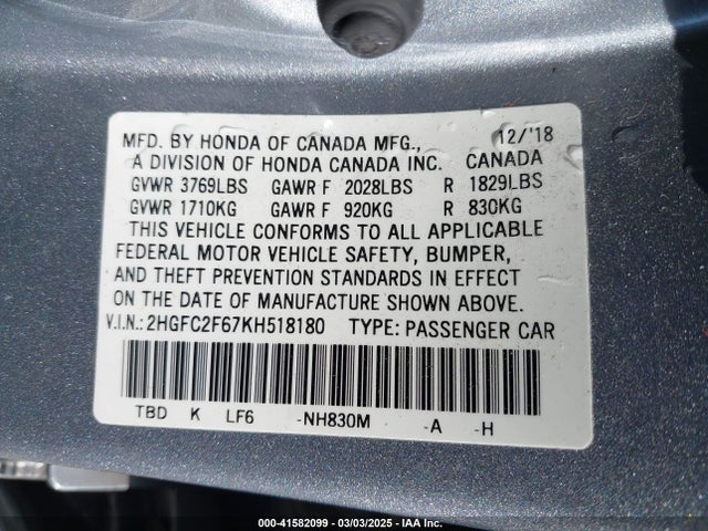 Honda Civic Lx 2019 2HGFC2F67KH518180 Image 9