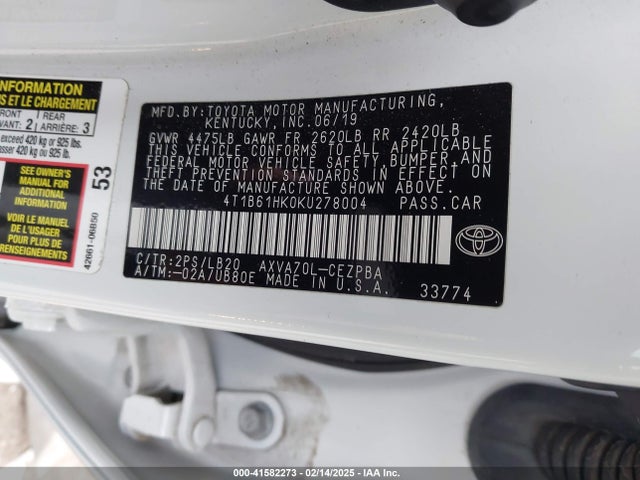 4T1B61HK0KU278004 Toyota CAMRY XSE