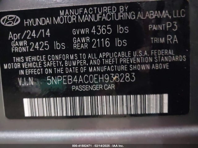 5NPEB4AC0EH938283 Hyundai SONATA GLS