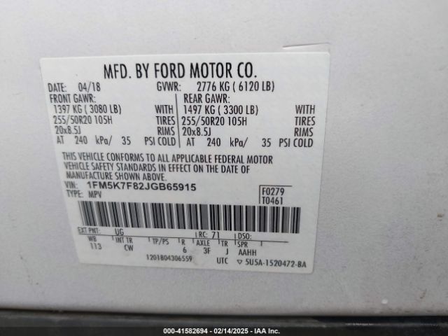 1FM5K7F82JGB65915 Ford Explorer Limited
