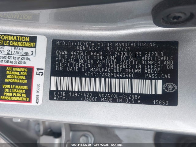 4T1C11AK8MU443460 Toyota CAMRY LE