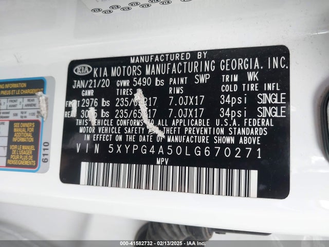 5XYPG4A50LG670271 KIA Sorento 3.3l Lx
