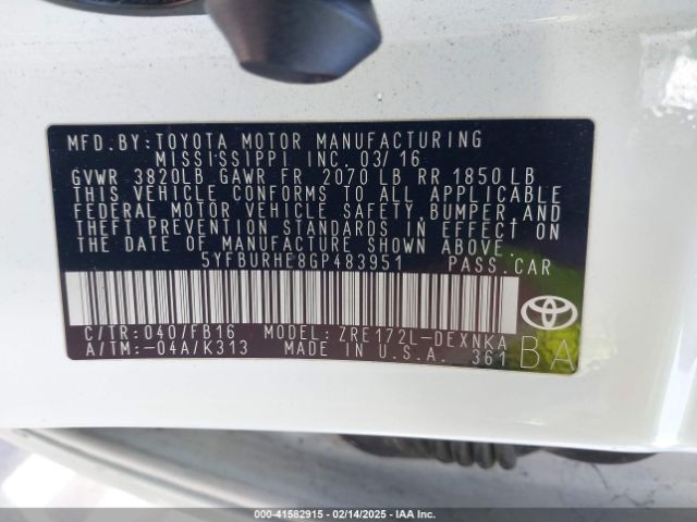 5YFBURHE8GP483951 Toyota Corolla Le Plus