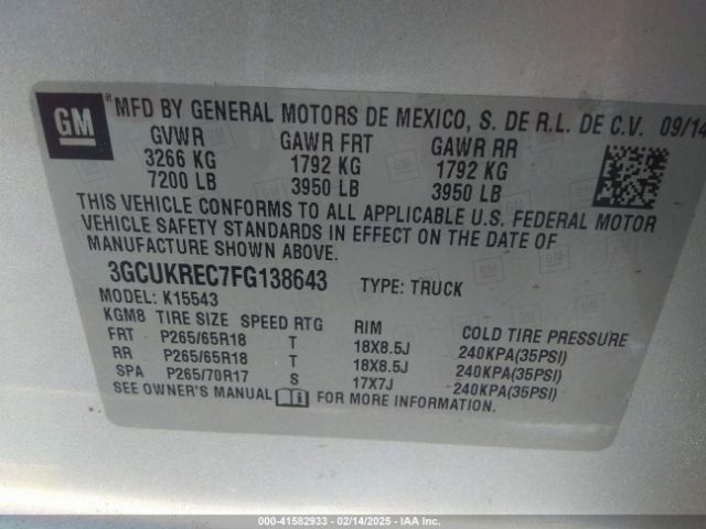 3GCUKREC7FG138643 Chevrolet Silverado 1500 2lt
