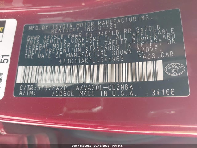 4T1C11AK1LU344865 Toyota CAMRY LE