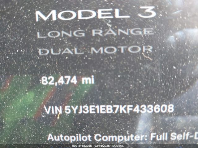 5YJ3E1EB7KF433608 Tesla Model 3 Long Range/performance