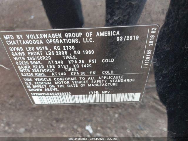 1V2NR2CAXKC550320 Volkswagen Atlas 3.6l V6 Sel Premium