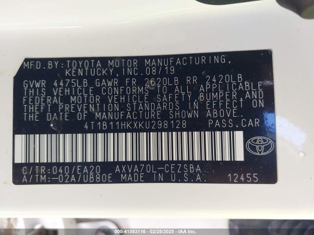 4T1B11HKXKU298128 Toyota CAMRY SE