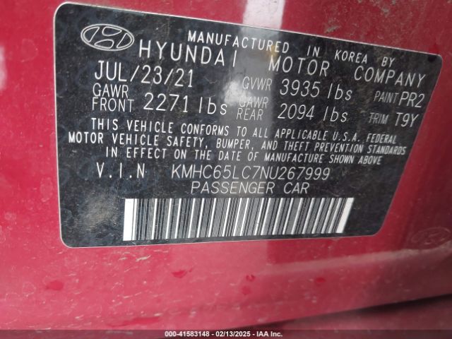 KMHC65LC7NU267999 Hyundai Ioniq Hybrid Blue