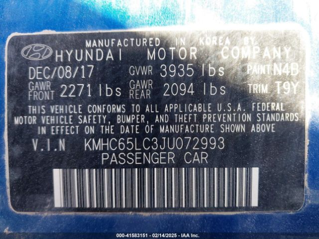 KMHC65LC3JU072993 Hyundai Ioniq Hybrid Blue