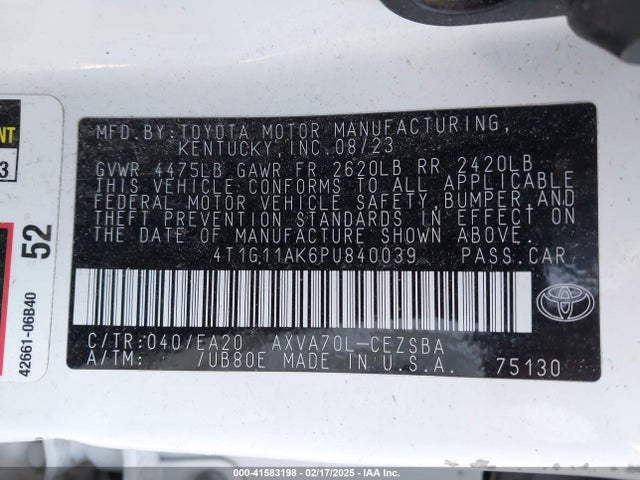 4T1G11AK6PU840039 Toyota CAMRY SE