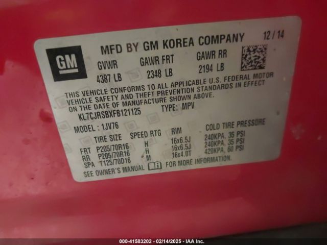 KL7CJRSBXFB121125 Chevrolet Trax Lt