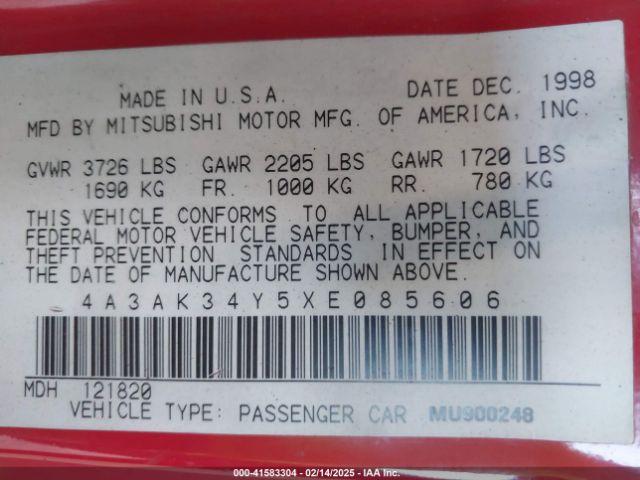 1999 MITSUBISHI ECLIPSE 4A3AK34Y5XE085606 Photo 8
