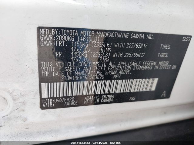 2T3W1RFV1RC263820 Toyota Rav4 Xle