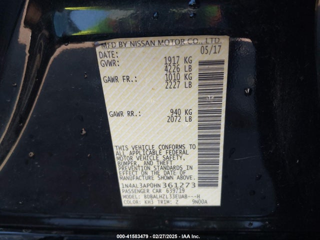 1N4AL3AP0HN361273 Nissan Altima 2.5 Sr