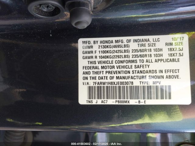 7FARW1H8XJE003078 Honda Cr-v Ex-l/ex-l Navi