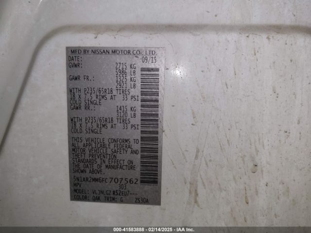 5N1AR2MM6FC707562 Nissan Pathfinder Sl