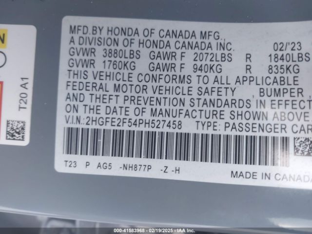 2HGFE2F54PH527458 Honda Civic Sport