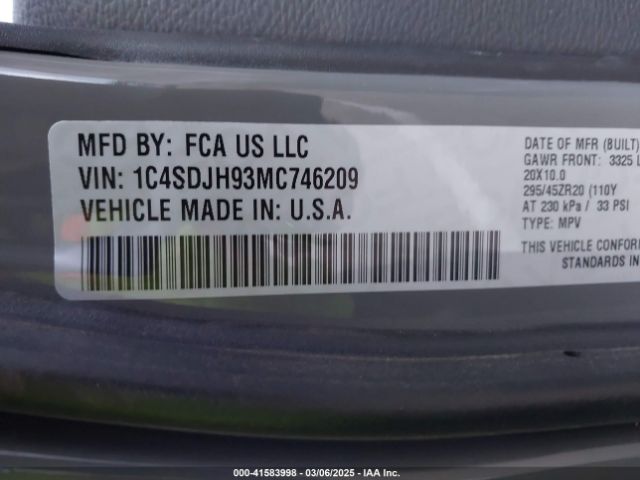 1C4SDJH93MC746209 Dodge Durango Srt Hellcat Awd