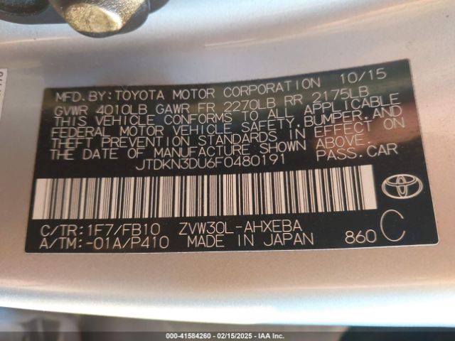 JTDKN3DU6F0480191 Toyota Prius