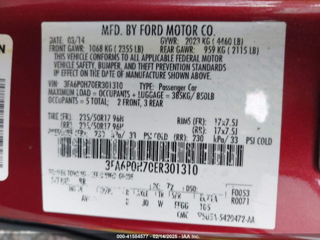 3FA6P0H70ER301310 Ford FUSION SE