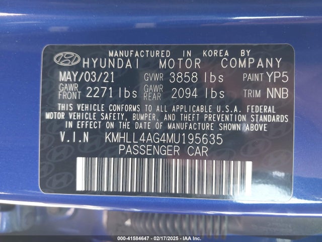 KMHLL4AG4MU195635 Hyundai ELANTRA SE