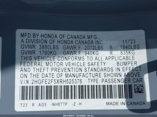 2HGFE2F5XRH525376 Honda Civic Sport
