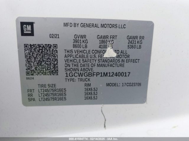 1GCWGBFP1M1240017 Chevrolet Express Cargo Rwd 2500 Extended Wheelbase Wt