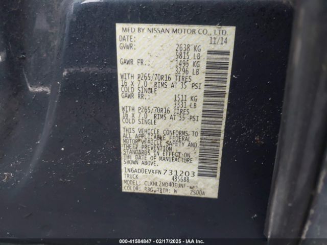1N6AD0EVXFN731203 Nissan Frontier Sv
