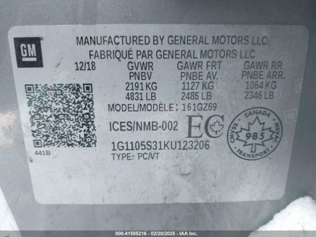 1G1105S31KU123206 Chevrolet Impala Premier