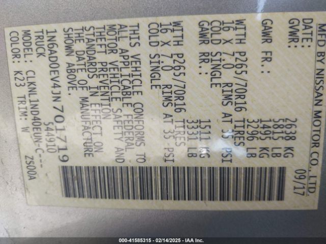 1N6AD0EV4JN701719 Nissan FRONTIER S