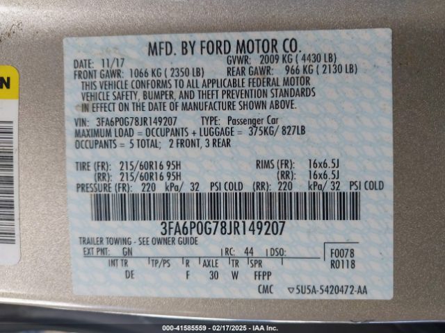 3FA6P0G78JR149207 Ford FUSION S