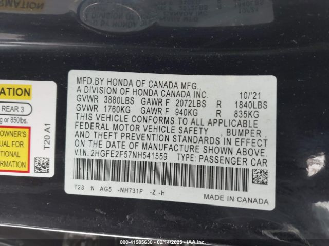 2HGFE2F57NH541559 Honda Civic Sport